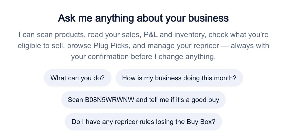 Ask Plug in the web app, open on a new conversation with the things you can ask it