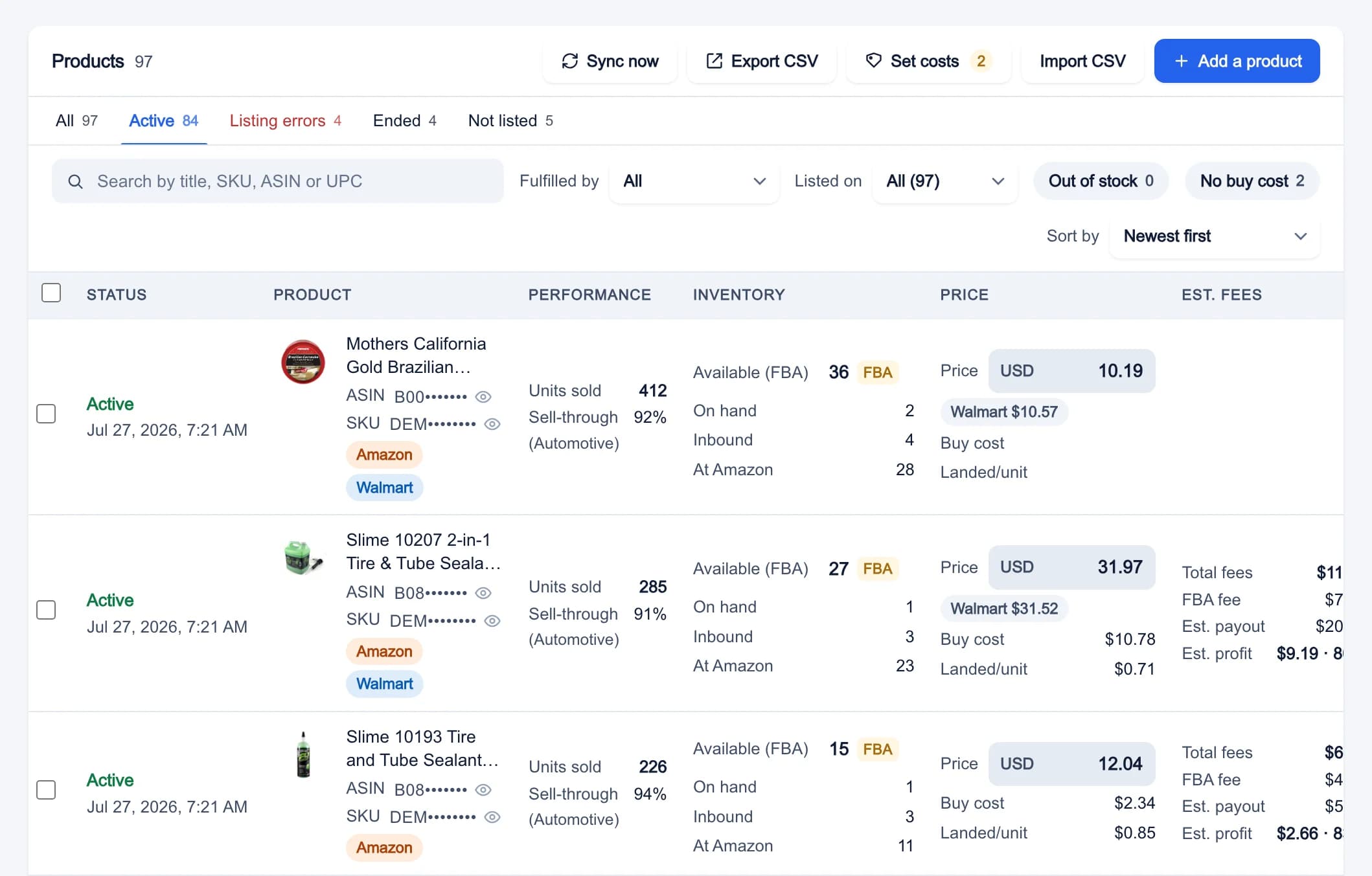 Inventory in My Business: every product with its status, available, inbound and reserved units, the price on each marketplace and the estimated fees and profit