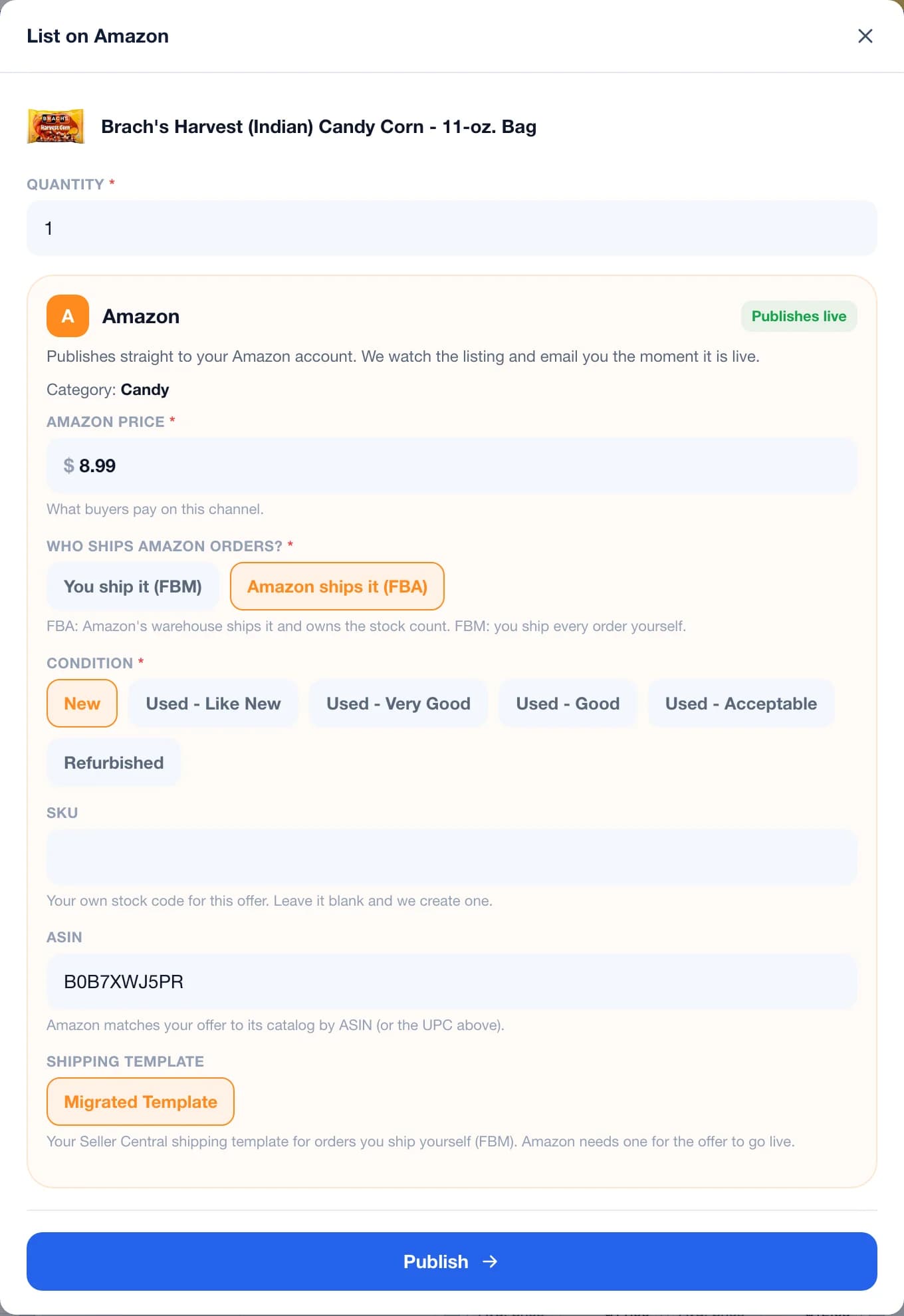 The List on Amazon form opened from a scan: the quantity, the Amazon price, who ships the orders (FBM or FBA), the condition, the SKU, the ASIN, the shipping template and the Publish button
