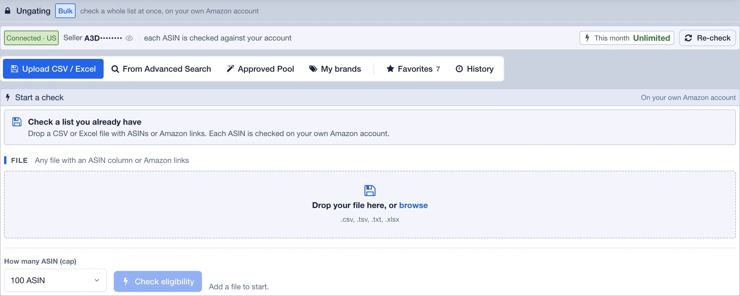 Plug Ungating: the connected Amazon account, the tabs Upload CSV / Excel, From Advanced Search, Approved Pool, My brands, Favorites and History, and the Start a check panel with the file drop zone and the ASIN cap