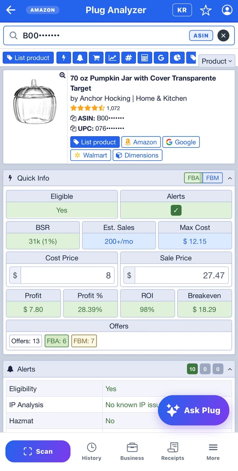 The mobile app's analysis of a scanned product: the product card, Quick Info with the profit and ROI, and the alerts