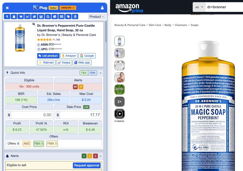 The Plug Seller extension panel open next to an Amazon product page, showing the product, Quick Info and the first alerts